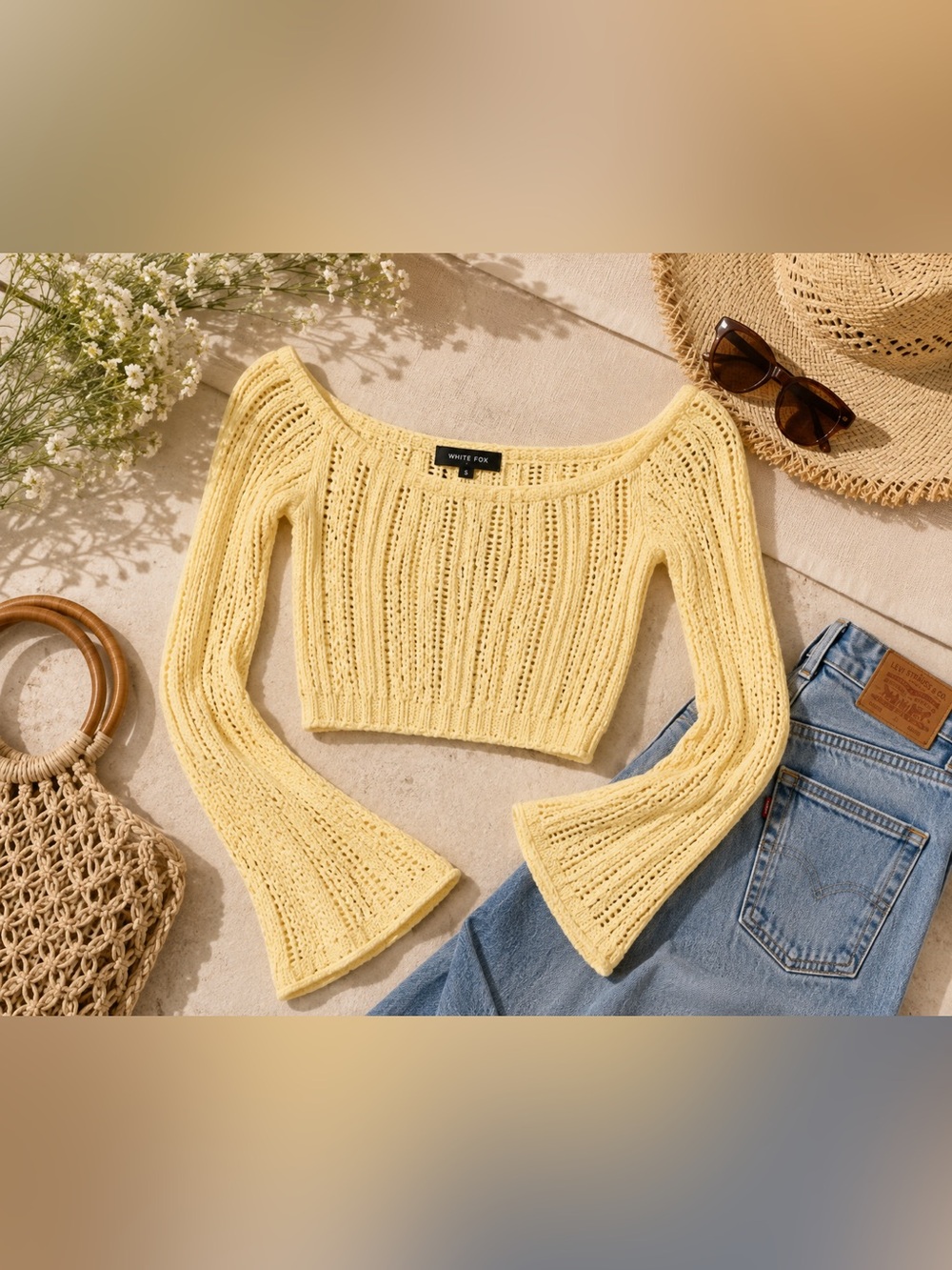 WHITE FOX Opposites Attract Long Sleeve Butter Pointelle Knit Crop Sweater Sz S - Picture 7 of 16